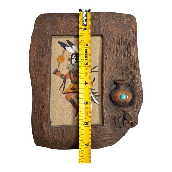Rustic Wood Picture Frame Native American Sand Art Design & Jug Turquoise Signed - Picture 3 of 5